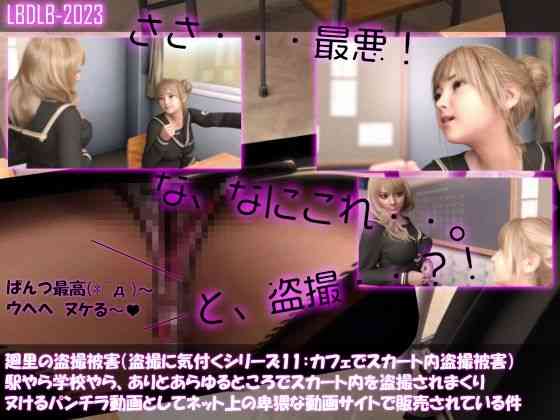 廻里の盗撮被害・駅やら学校やら、ありとあらゆるところでスカート内を盗撮されまくりヌけるパンチラ動画としてネット上の卑猥な動画サイトで販売されている件（盗撮に気付くシリーズ11:喫茶店でのスカート内盗撮被害の様子）（Libido-Labo）商品パッケージ画像