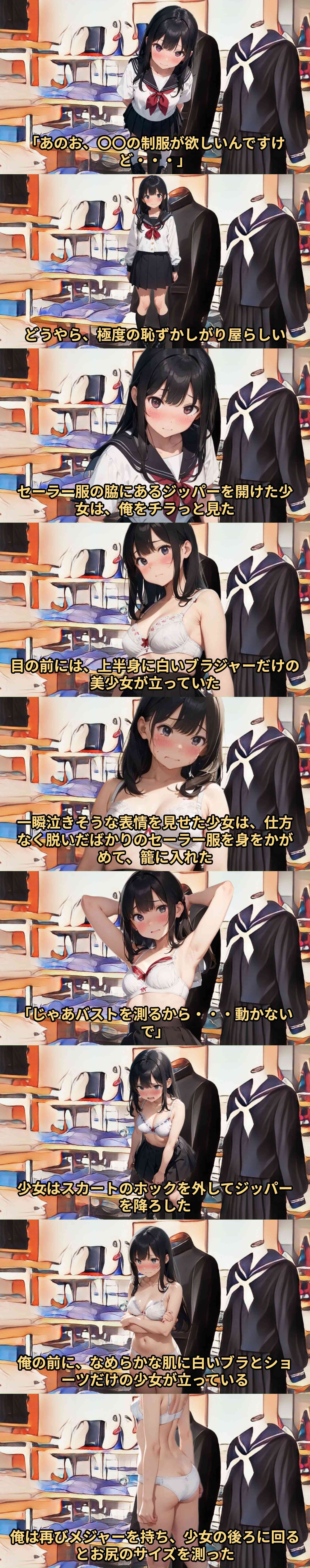 羞恥の制服採寸（第1話）転校のため制服を買いにきたあどけない少女にサイズ測定と称して悪戯しまくった話（羞恥体験告白）-動画画像